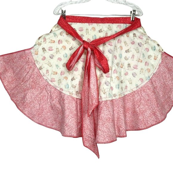 Retro Cooking Half Apron One Size Fountain Drinks Red Ruffle Pocket Tie Waist - Picture 9 of 11